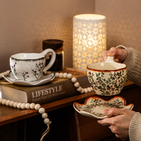 Tasse à latte vintage peinte à la main et cuite au four, exquise tasse de voyage florale avec soucoupe, ensemble tasse et soucoupe à café en céramique de style américain