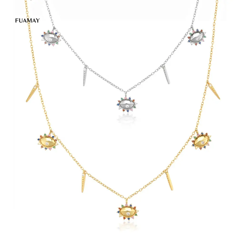 FUAMAY-collar de circonia cúbica con forma de ojo de diamante, collar de cadena larga con diseño de arcoíris turco, con ojo de diamante malvado, chapado en oro
