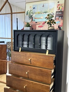 Midcentury Modern Solid Wood Living Room Cabinet with <b>4</b> <b>Drawers</b> Black Frame <b>Storage</b> Furniture - Product Image 3
