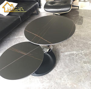 Tavolino da Caffè Rotante con Base in Metallo e Piano in Ceramica Effetto Marmo Nero per Soggiorno, Set di Due Tavolini Rotondi - Product Image 6