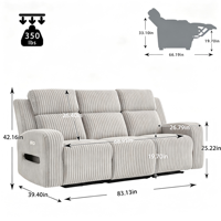 Canapé de cinéma électrique inclinable avec massage, trois places, en tissu, design moderne, chargeur sans fil pour usage en centre commercial ou hôtel