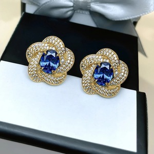 Orecchini a Perno con Pietra Blu Ovale Stile Fiore per Donne, Gioielli Vintage alla Moda - Product Image 5