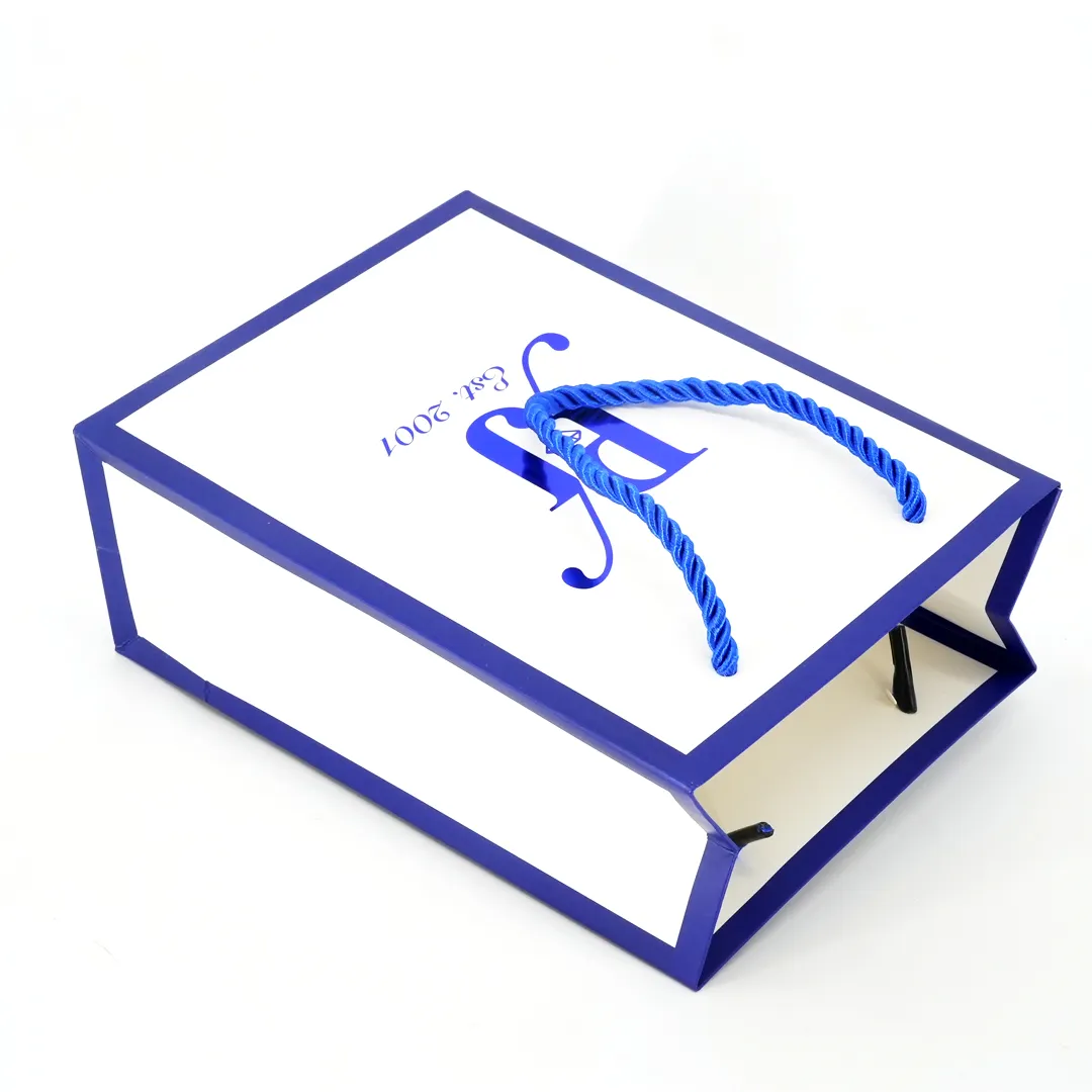 Luxury White Blue Edge Wedding Gift Packaging Shopping Art Paper Bag With Blue Twisted Rope Handle