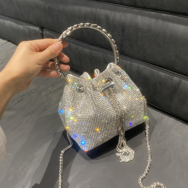 New 2026 Sparkling Rhinestone Bucket Crystal Ring Handle Detachable Chain Shiny Glamorous  Elegant Formal Women'S Evening Bag