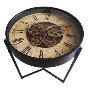 Table Basse Ronde <span class=keywords><strong>en</strong></span> Métal Style Rétro Américain, Design Industriel, <span class=keywords><strong>avec</strong></span> <span class=keywords><strong>Horloge</strong></span> à Engrenages Mobiles et Affichage à Aiguilles, Alimentée par Piles, Pièces Détachables - Product Image 3