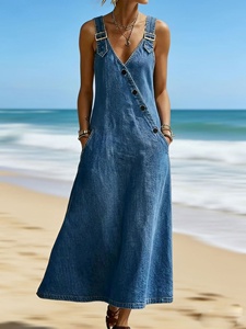 <span class=keywords><strong>Vestidos</strong></span> Chic al por Mayor, sin Mangas, Midi, con Botones, Escote en V Profundo, <span class=keywords><strong>de</strong></span> Mezclilla, Estilo Vintage, Corte en A, para Fiestas <span class=keywords><strong>de</strong></span> Cumpleaños y Eventos Nocturnos - Product Image 5