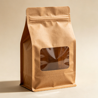 Sacs en papier brun à fond plat avec fermeture à lien métallique et fenêtre refermable pour grains de café et produits de boulangerie