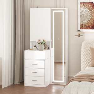 <span class=keywords><strong>Tocador</strong></span> de maquillaje <span class=keywords><strong>blanco</strong></span> moderno, <span class=keywords><strong>tocador</strong></span> de MDF, luces LED, <span class=keywords><strong>espejo</strong></span> de cuerpo entero, parte superior deslizante, estantes ocultos, cajones para dormitorio - Product Image 4