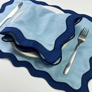 Natural Flax Custom Design Organic Fabric Double Scalloped Embroidered Edge <b>Table</b> <b>Cloth</b> <b>Linen</b> Napkin Placemat for Hotel - Product Image 5