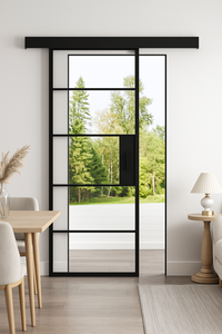 <span class=keywords><strong>Puerta</strong></span> interior corrediza de vidrio de rejilla de un solo panel <span class=keywords><strong>Puerta</strong></span> de ahorro de espacio con marco de metal negro - Product Image 3