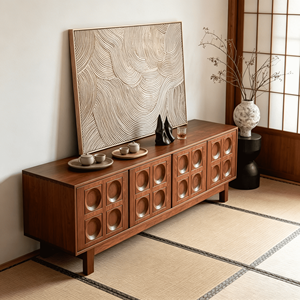 Retro Mid-Century Wooden TV <b>Stand</b> with Embossed Geometric Panel <b>Doors</b>, Media Console for Living Room - Product Image 5