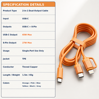 Kabel USB-C Dual Output 2-in-1 65W PD Tipe-C +27W 8Pin Pengisian Cepat TPE 1.5m Tembaga Berlapis Timah Multi Warna OEM untuk Komputer