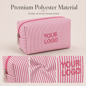 Bolsa de Maquillaje Premium a Rayas con Logotipo Personalizado, Bolsa de Aseo de Tela Seersucker con Bolsas Protectoras de Marca, Bolsa de Cosméticos de Lujo para Venta al por Menor - Product Image 4