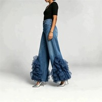 Nouveau Jean Large en Denim Coton à Volants en Organza et Fleurs 3D, Taille Haute, Style Streetwear, Bleu Sculptural, Collection Été 2026 – Vente en Gros