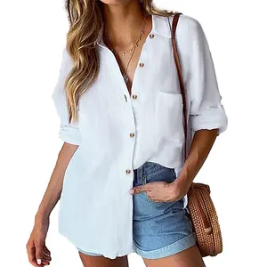 超大休闲白色棉v领纽扣加大码衣服衬衫100% 亚麻t恤适合女性海滩