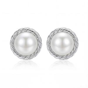 S925 <b>Silver</b> Twisted Rope Halo Pearl <b>Stud</b> Earrings Classic Round Freshwater Pearl Jewelry Elegant Gift for Women Girls - Product Image 1