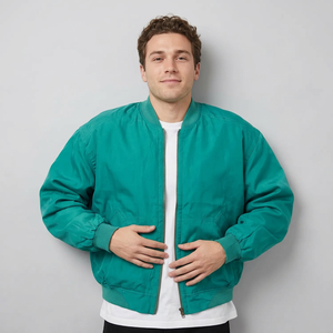Blouson bomber vert à manches longues, fermeture éclair, col montant, couleur unie, en polyester tissé, imperméable, coupe-vent, léger, pour l'automne - Product Image 1