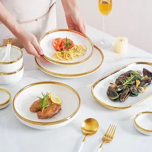 Plato de borde dorado de porcelana blanca nórdica, juegos de platos con borde dorado de lujo, <span class=keywords><strong>vajilla</strong></span> de cerámica para Cena - Product Image 3