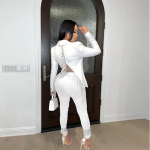 Otoño último estilo brillante borla decoración Deep V Party Outfit 2 <span class=keywords><strong>piezas</strong></span> Set pantalón largo Blazer Suit Set <span class=keywords><strong>para</strong></span> damas - Product Image 2