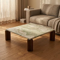 Table basse carrée en marbre naturel vert avec pieds en bois de frêne, 115 cm, style Sabi Wabi japonais, tables basses de luxe en pierre