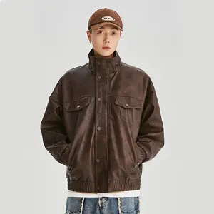 Veste américaine rétro en cuir PU gaufré lettre hommes et femmes street loose advanced sense revers moto veste en cuir