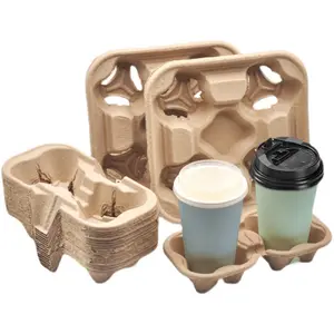 Grosir Ramah Lingkungan Dapat Didaur Ulang Takeaway 4 Cangkir Sekali Pakai Pulp Coffee Cup Holder Tray