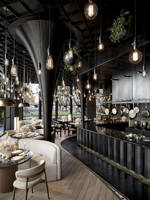 Ensemble de meubles de café-restaurant en cuir moderne, table et chaises avec structure en acier inoxydable pour café et entrepôt
