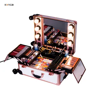 Aluminum 4 Wheels Professional Rolling Cosmetic Makeup Suitcase Train Case With Lighted Mirror Led Light
