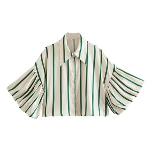 <span class=keywords><strong>Haut</strong></span> court décontracté à rayures et manches lanternes avec col boutonné pour femme – Nouvelle collection printemps - Product Image 5