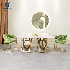 QIANCHENG white marble dinning home furniture gold ss steel 4 6 8 10 12 seater artificial dining table with factory price