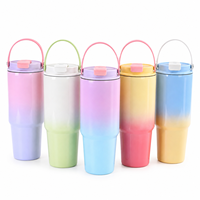 Gobelet isotherme en acier inoxydable ombré de 30 oz avec couvercle à paille rabattable et poignée, sans BPA, compatible porte-gobelet, pour voiture et bureau - Vente en gros
