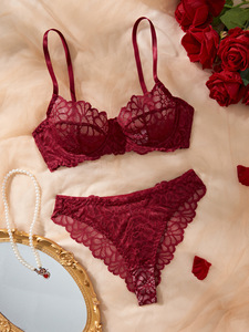 Floral Lace Womens Intimates <b>Sexy</b> Lingerie <b>Set</b> Sheer Mesh Underwire Bra and Thong Panties Elegant Womens Bra <b>Set</b> OEM ODM - Product Image 3