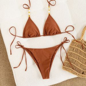 Maillot de bain sexy pour femme en tissu <span class=keywords><strong>jacquard</strong></span> uni avec décoration personnalisée en métal - Product Image 3
