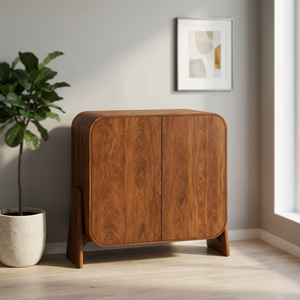 Armoire de rangement à 2 portes en bois de manguier massif avec bords arrondis et pieds inclinés |   Meubles de style mid-century modern - Product Image 3