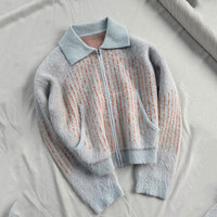 Cardigan zippé en tricot moelleux pour homme, bleu clair rayé gris, veste courte ample, vêtements d'extérieur décontractés pour l'automne et l'hiver