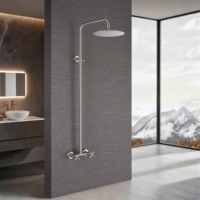 Ensemble de douche mural contemporain en laiton, mitigeur monocommande gris anthracite brossé, avec barre coulissante et système de jets pluie, en céramique, pour appartement