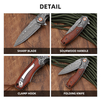 Couteau pliant tactique EDC OEM/ODM en acier Damas avec logo personnalisé, manche en bois de sureau, lame en acier Damas, couteau de chasse de poche
