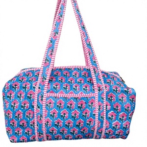Large Cotton Weekender Travel <b>Bag</b>, Handmade Quilted Fabric Duffle <b>Bag</b>, Block Printed <b>Overnight</b> <b>Bags</b>, Hand Luggage <b>Bags</b> for Women - Product Image 1