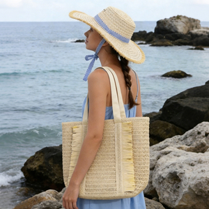 Conjunto de Bolso y Sombrero de Paja Tejida a Cuadros de Hierba Natural <span class=keywords><strong>Han</strong></span> Feng Ins para Mujer - Product Image 1