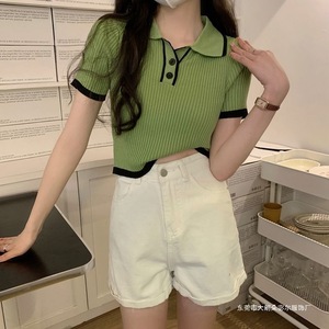 Pull décontracté d'été pour femme en viscose à col rabattu et bouton unique, respirant, anti-boulochage, à manches courtes et doux – Vente en gros - Product Image 3
