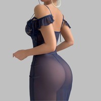 Nouvel Arrivage Ensemble de Lingerie Corset en Dentelle Épaules Dénudées, Robe de Nuit Longue en Maille Transparente à Fente Haute, Vêtements de Nuit Sexy pour Femme