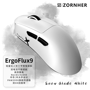 เมาส์เกมมิ่ง ZORNHER Ergoflux9 สีขาวน้ำแข็ง น้ำหนักเบา รองรับการเชื่อมต่อสามโหมด ออกแบบตามหลักสรีรศาสตร์ ปุ่มควบคุมหลากหลาย สำหรับเล่นเกมและใช้งานในสำนักงาน - Product Image 1