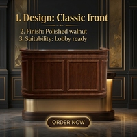 Comptoir de réception classique en bois massif avec façade en placage de bois et rebord d'intimité, largeur personnalisable pour hall d'hôtel, bureau, clinique