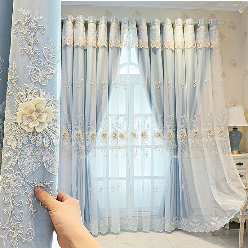 Custom fashion modern minimalist embroidered double layer bedroom blackout luxury curtains for the living room