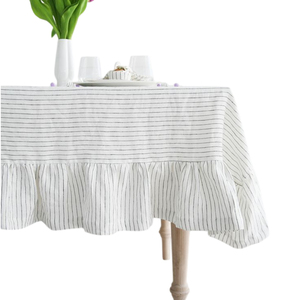 Mantel cuadrado de lino con volantes de estilo clásico, patrón de cuadros hecho a mano geométrico, cubierta de comedor lavable ecológica - Product Image 2