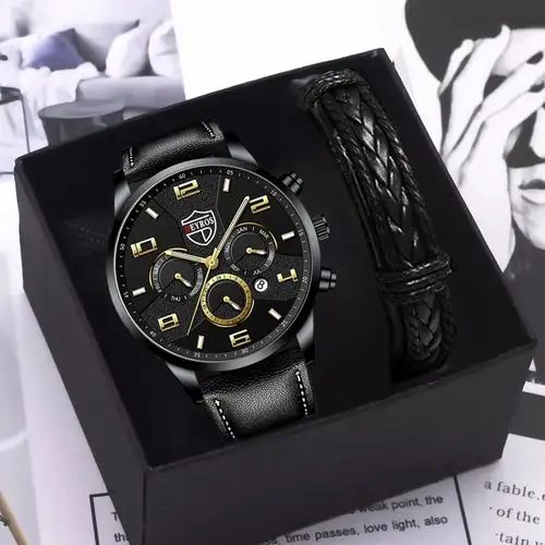6072 Box+watch+bracelet Men Gift Bracelet Set Fashion Mens Leather Quartz Men Business Chronograph Calendar Wrist Watch