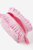 Großhandel Maßgefertigte Gingham-Muster Große Kosmetiktasche Organizer für Damen Schicke Rüschen-Toilettentasche Hautpflege Make-up Etui