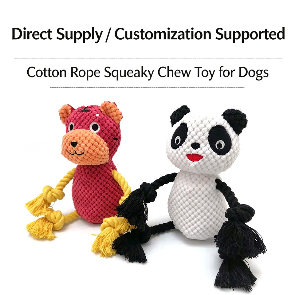 Animal Shaped Tiger and Panda Plush Squeaky Cotton Rope Pet Toy Bite ...