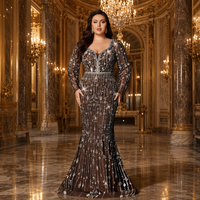 Robe de soirée formelle sirène en tulle nude à manches longues, ornée de perles et de strass en cristal, grande taille