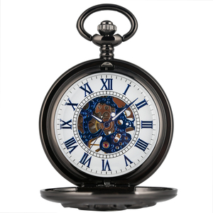 Jam tangan saku mekanis untuk pria, arloji saku kerangka Steampunk hitam kambing berongga dengan rantai & angka Romawi biru, hadiah Gotik unik untuk pria - Product Image 6